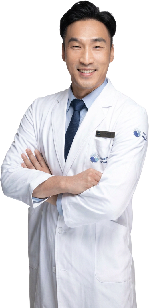 Dr. Ming-Huei Liu, DACM, L.Ac., in a white clinical coat