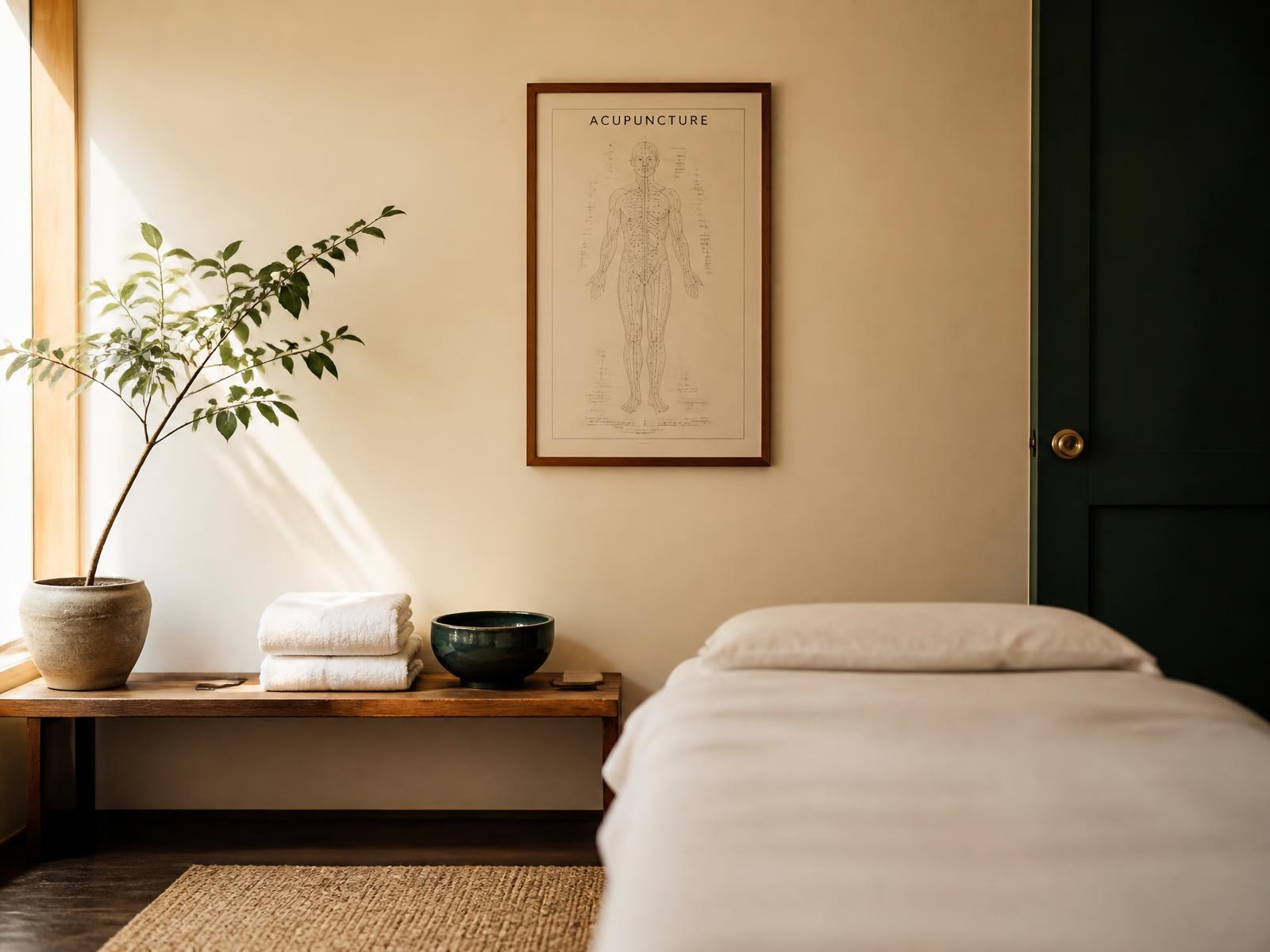 Calm treatment room at LightHill Acupuncture with natural light